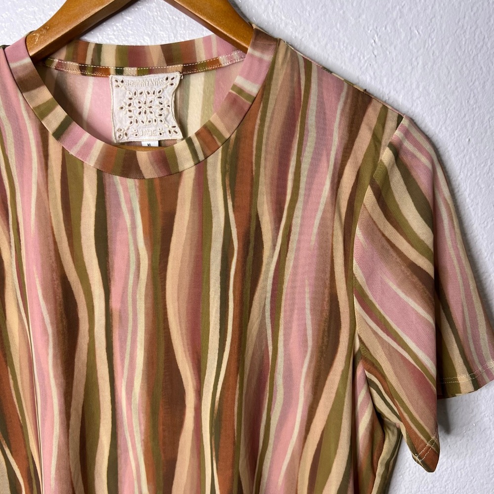 Johnny Was Eleanor Mesh Short SleeveTop Striped Pink Brown Women's Size XL - Picture 3 of 9